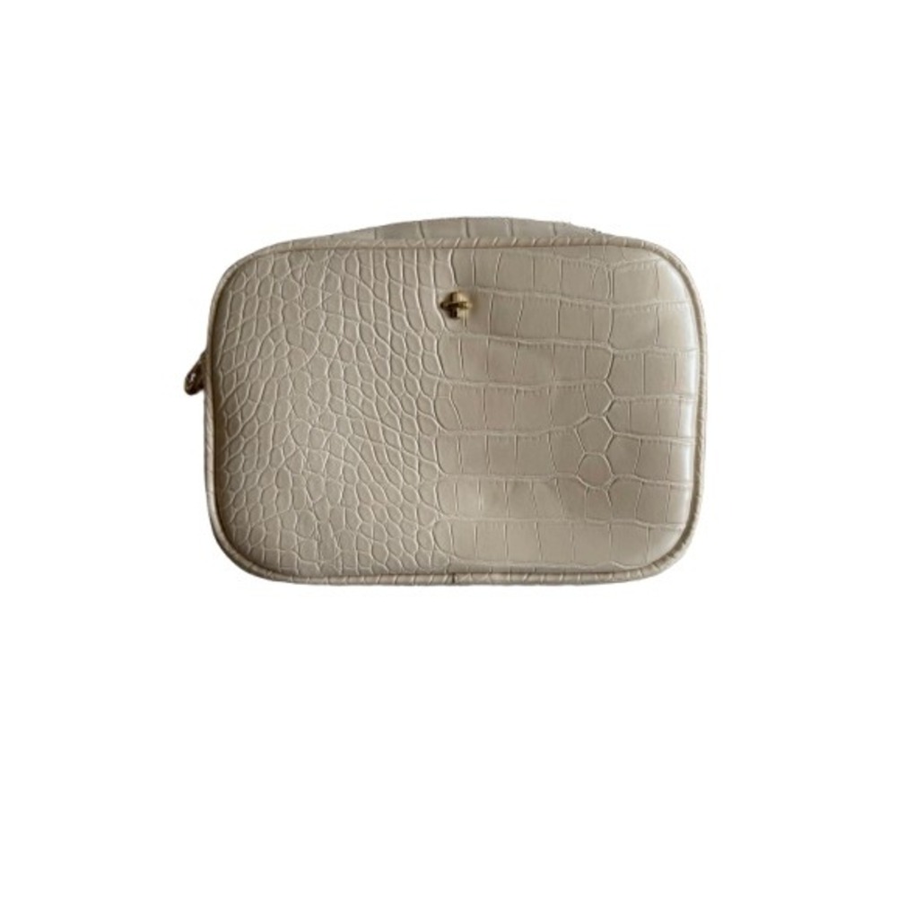 Peta + Jain Justice Camera Crossbody Bag Almond Beige Croc Embossed Leather